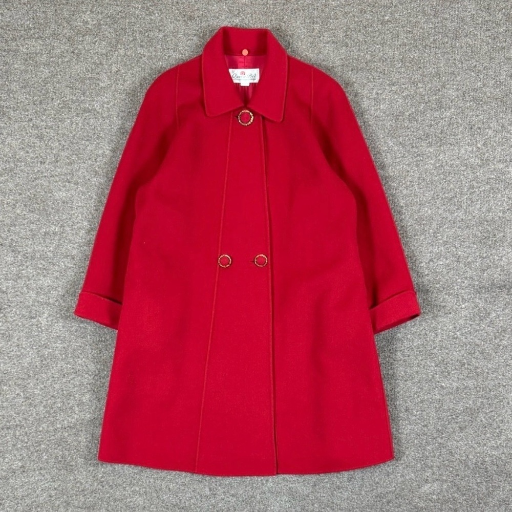 VTG Red Wool A-Line Swing Coat Women’s M/L Mid-Length Button-Front Preppy Retro